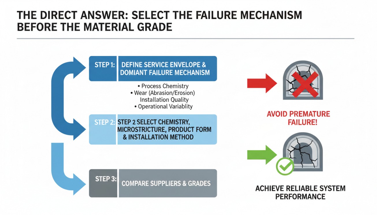 Three-step refractory selection framework based on service environment, failure mechanism, material design and supplier comparison